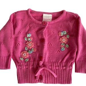 Nannette Pink Floral 100% Cotton Knit Cardigan Sweater Baby Girls Size 6-9 M